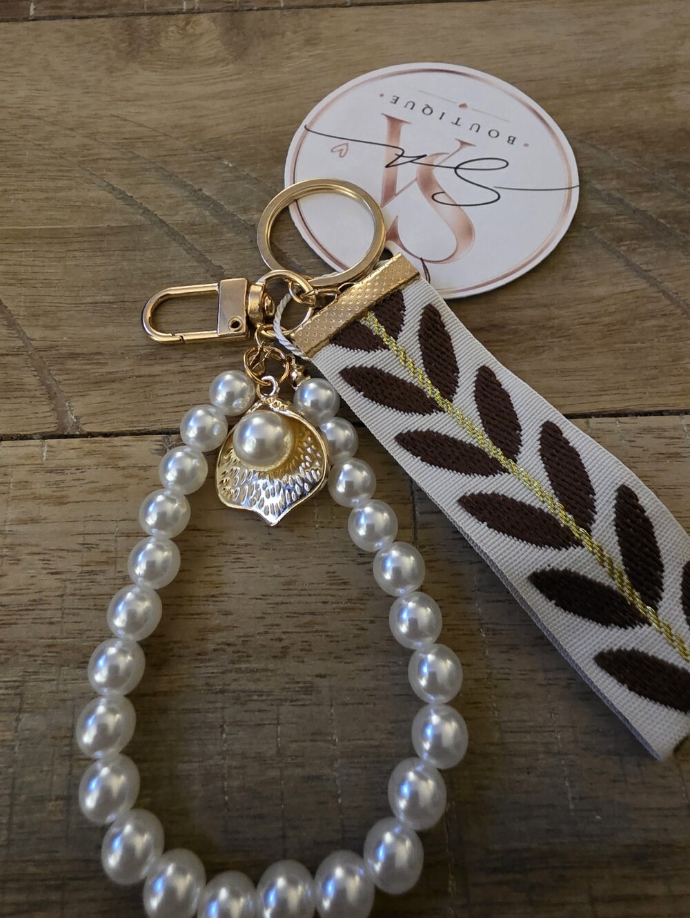 Pearl Beaded Wristlet Bag Charm Keychain with Gold-tone Accents Brown Leaf Strap